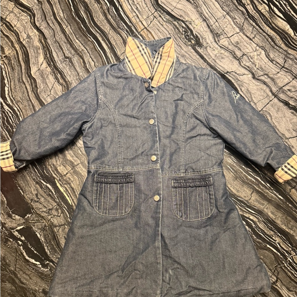 Burberry Kids Blue Pea Coat with Plaid Accents